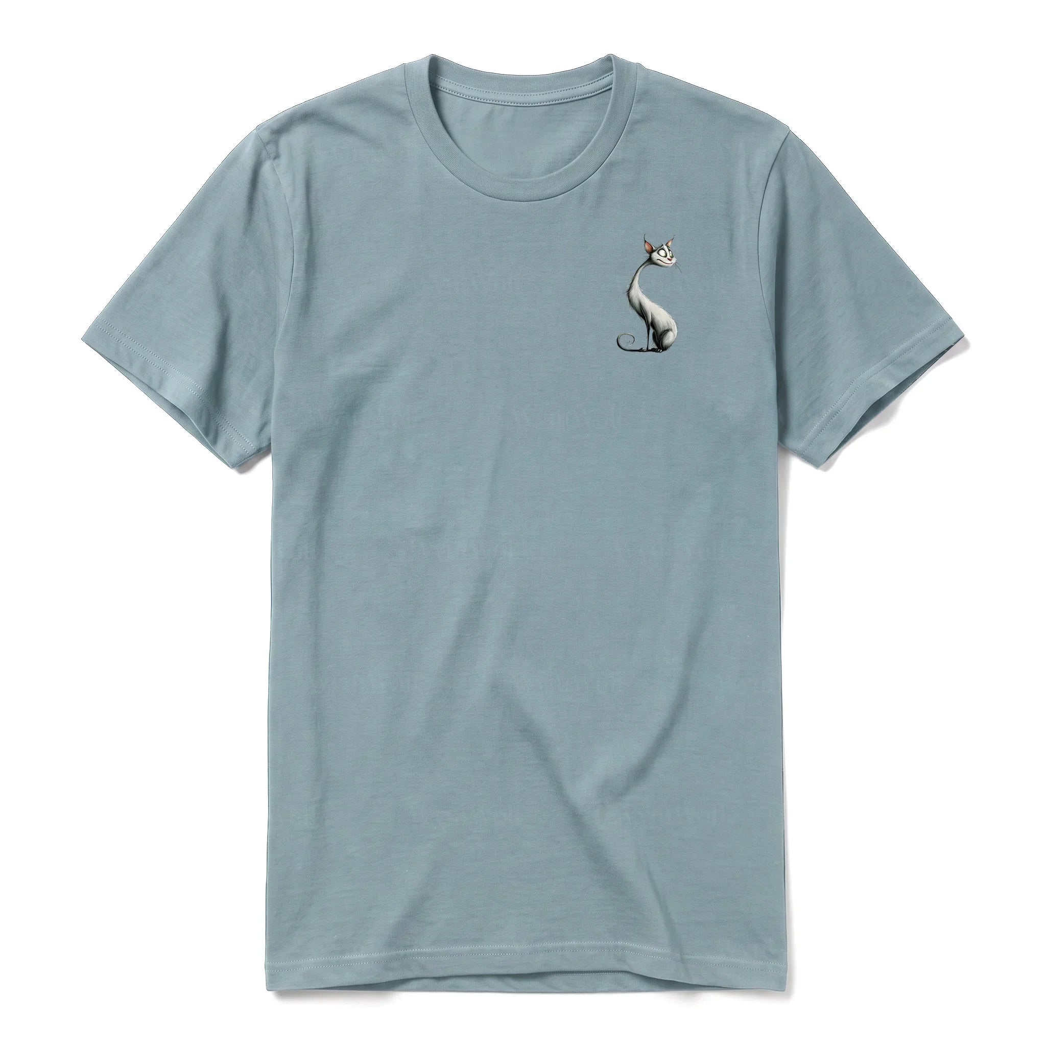 A sage short-sleeve crewneck t-shirt for adult featuring a graphic of a cat on the left chest.