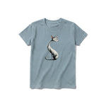 A sage short-sleeve crewneck t-shirt for youth featuring a graphic of a cat on the front.