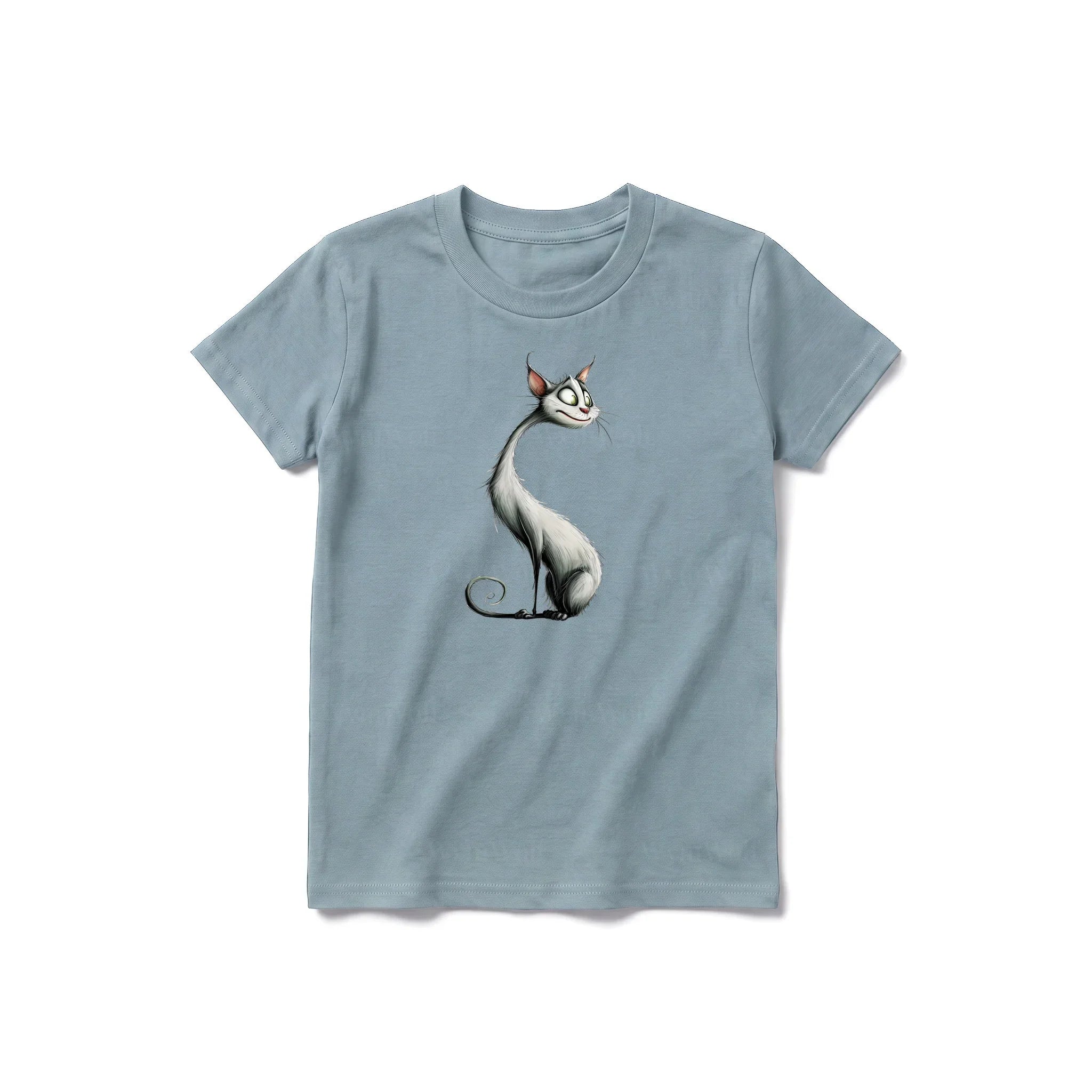 A sage short-sleeve crewneck t-shirt for youth featuring a graphic of a cat on the front.