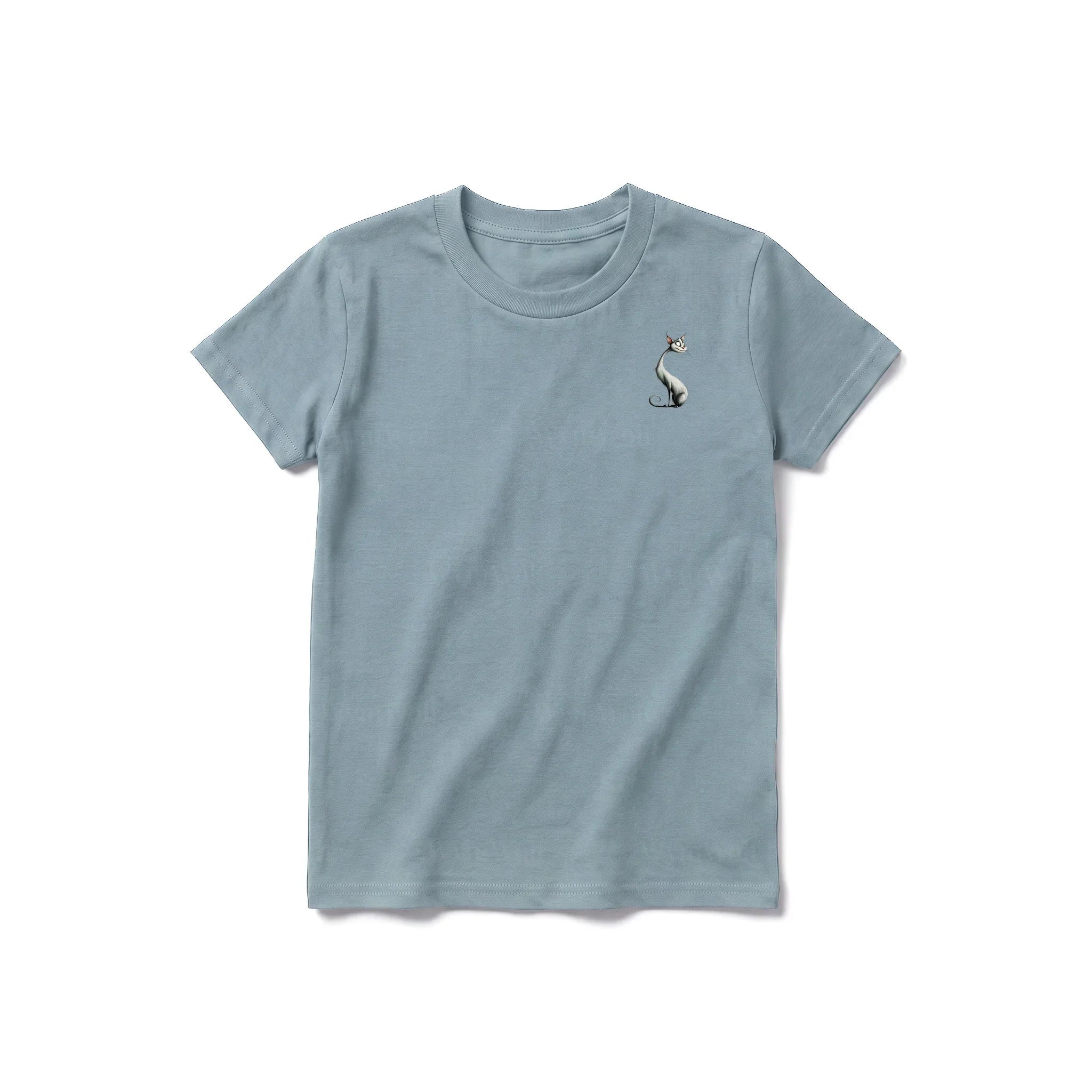 A sage short-sleeve crewneck t-shirt for youth featuring a graphic of a cat on the left chest.
