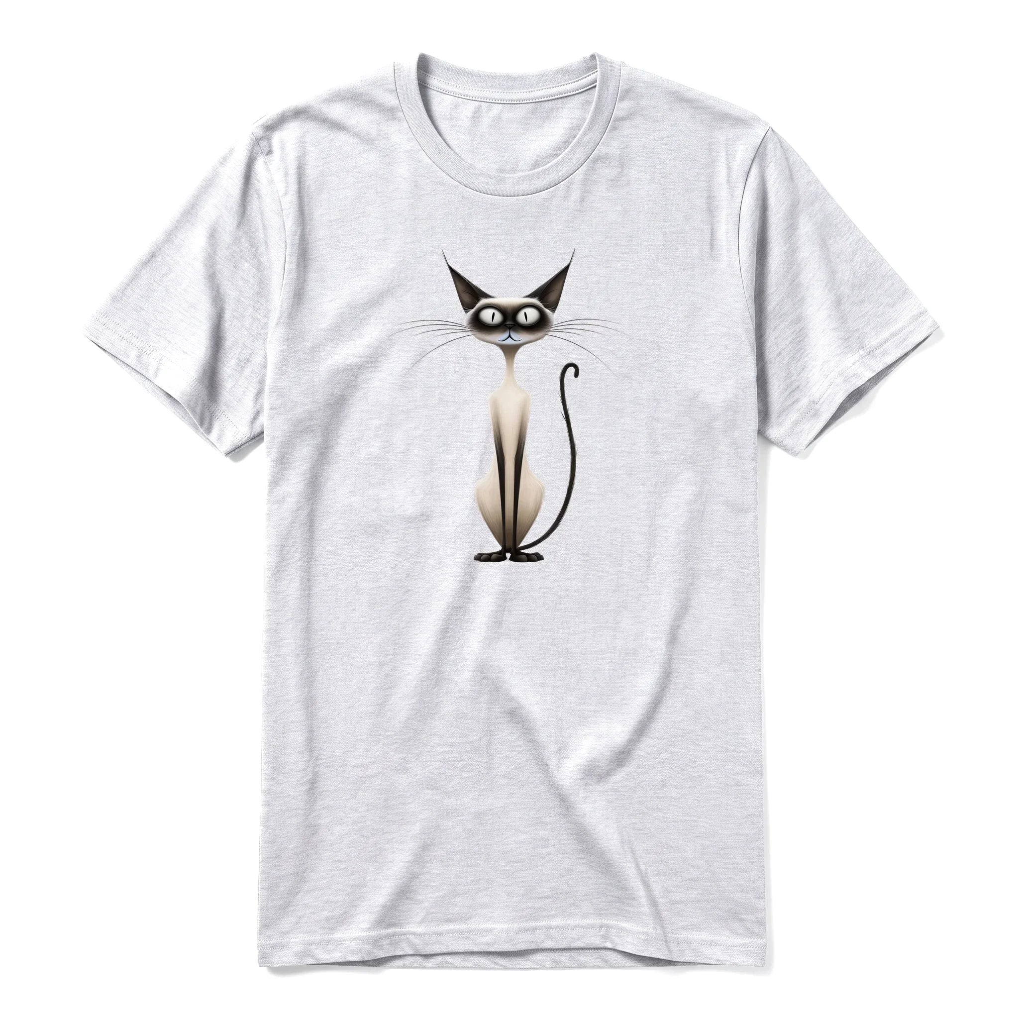 A ash grey short-sleeve crewneck t-shirt for adult featuring a graphic of a cat on the front.