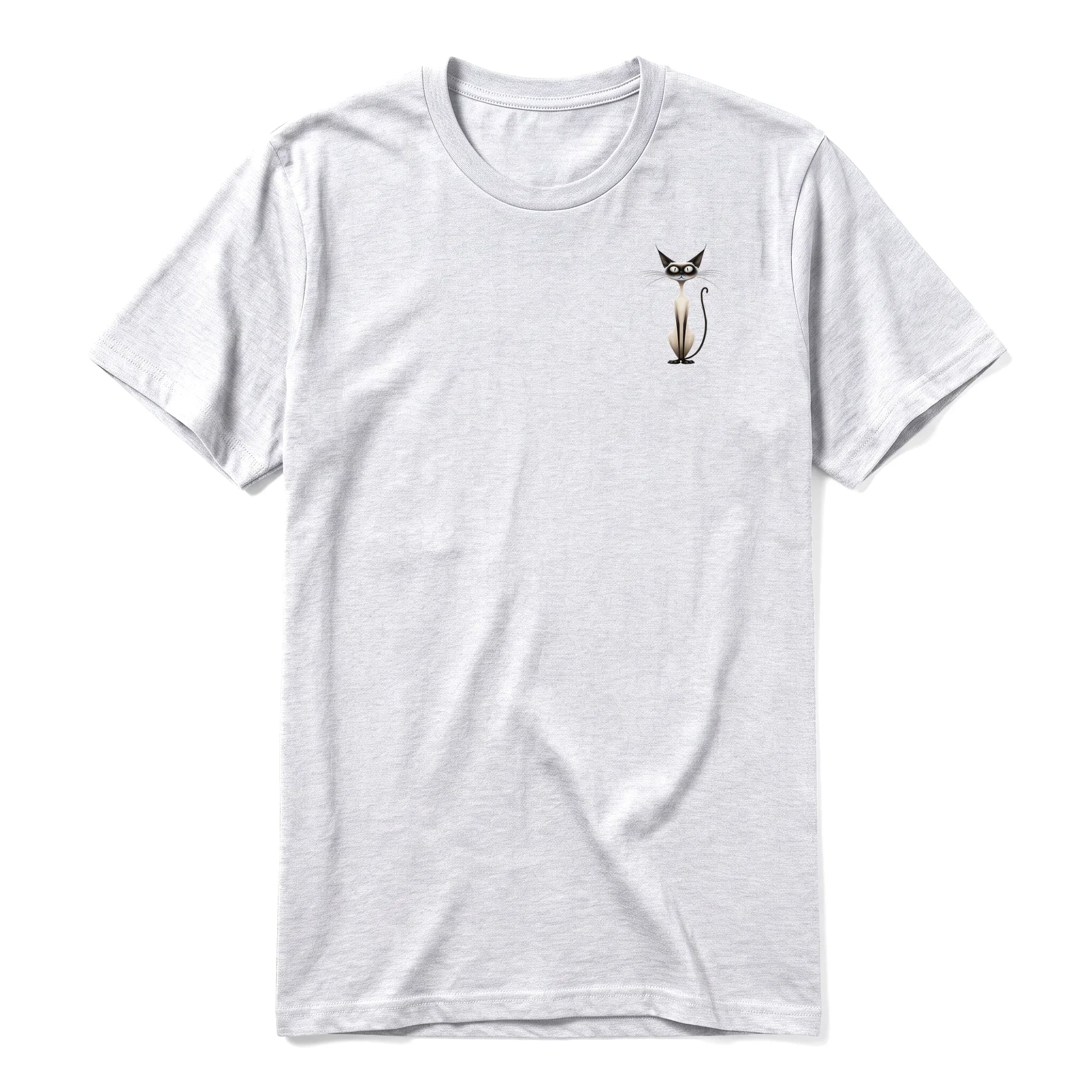 A ash grey short-sleeve crewneck t-shirt for adult featuring a graphic of a cat on the left chest.