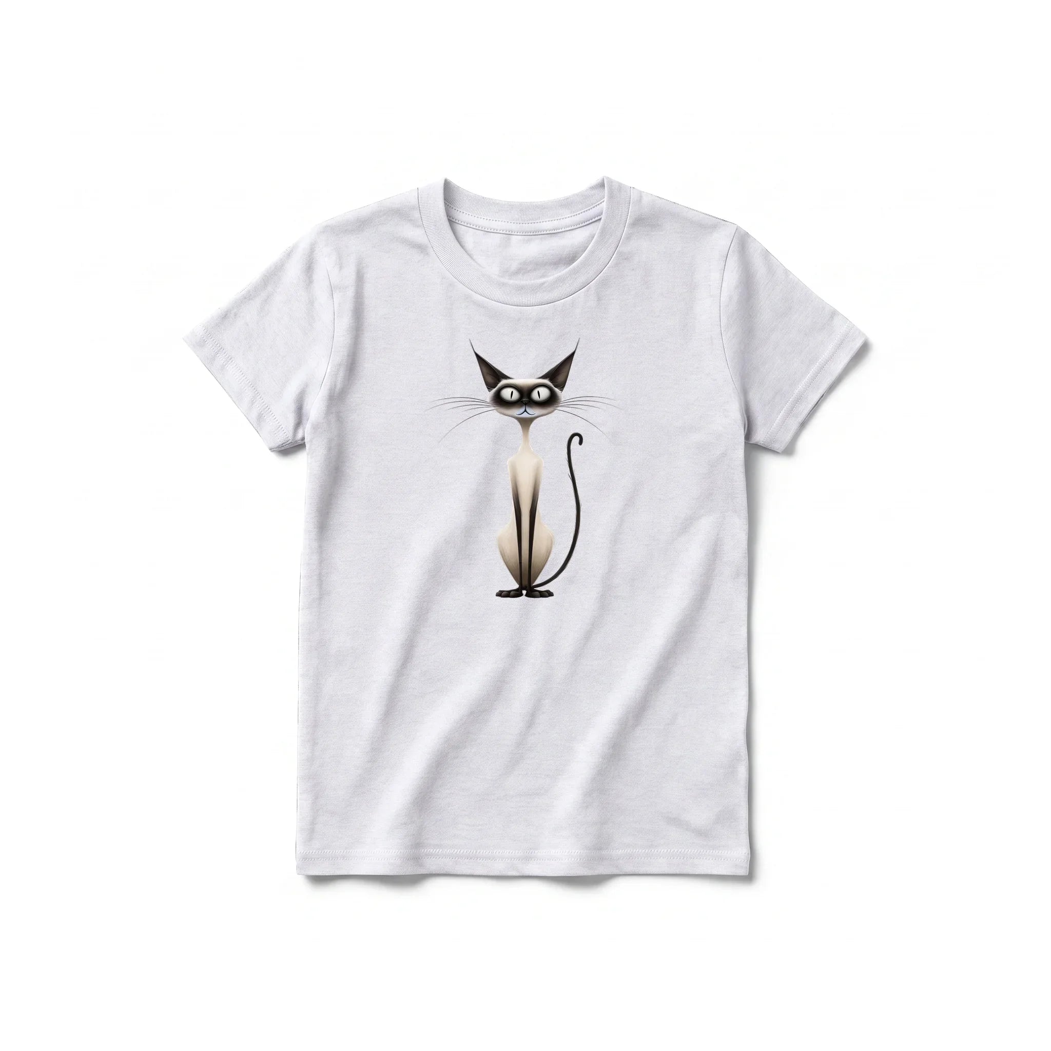 A ash grey short-sleeve crewneck t-shirt for youth featuring a graphic of a cat on the front.