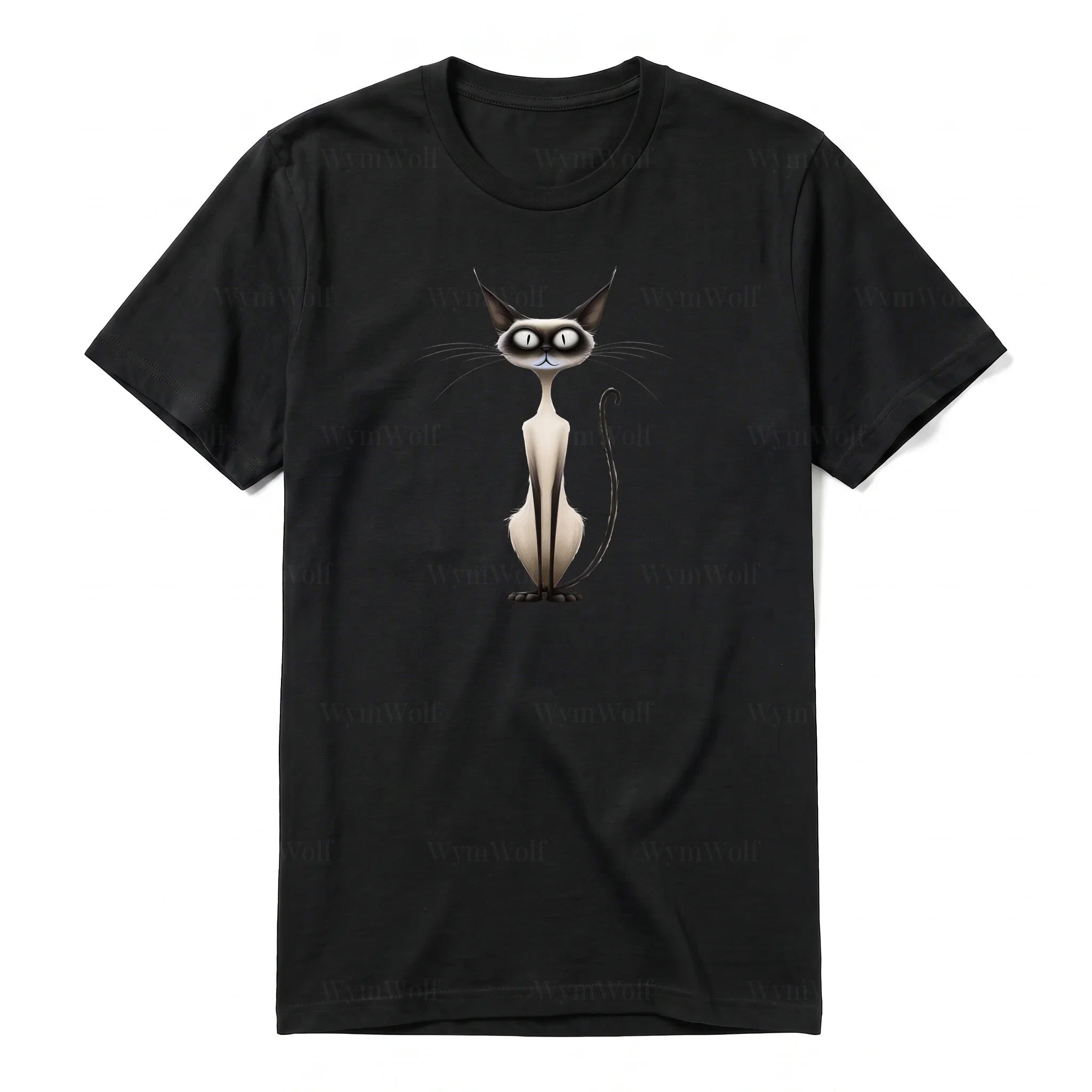 A black short-sleeve crewneck t-shirt for adult featuring a graphic of a cat on the front.
