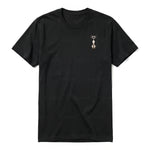 A black short-sleeve crewneck t-shirt for adult featuring a graphic of a cat on the left chest.
