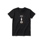 A black short-sleeve crewneck t-shirt for youth featuring a graphic of a cat on the front.