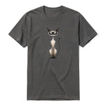 A charcoal short-sleeve crewneck t-shirt for adult featuring a graphic of a cat on the front.