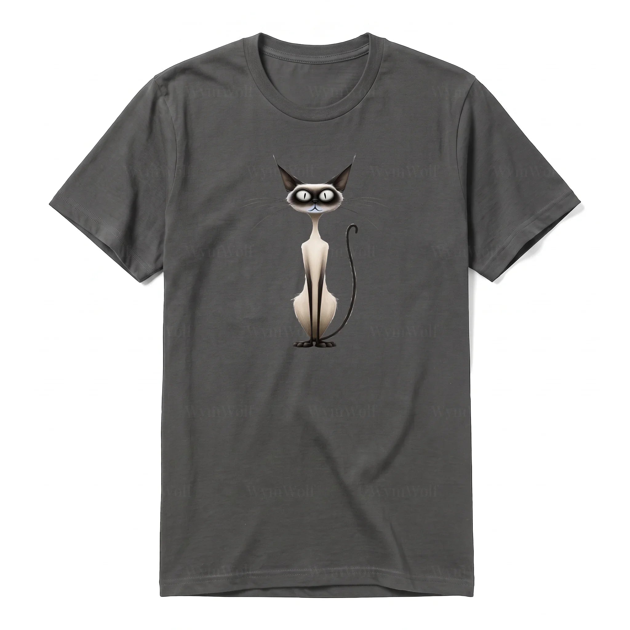 A charcoal short-sleeve crewneck t-shirt for adult featuring a graphic of a cat on the front.