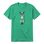 A kelly short-sleeve crewneck t-shirt for adult featuring a graphic of a cat on the front.
