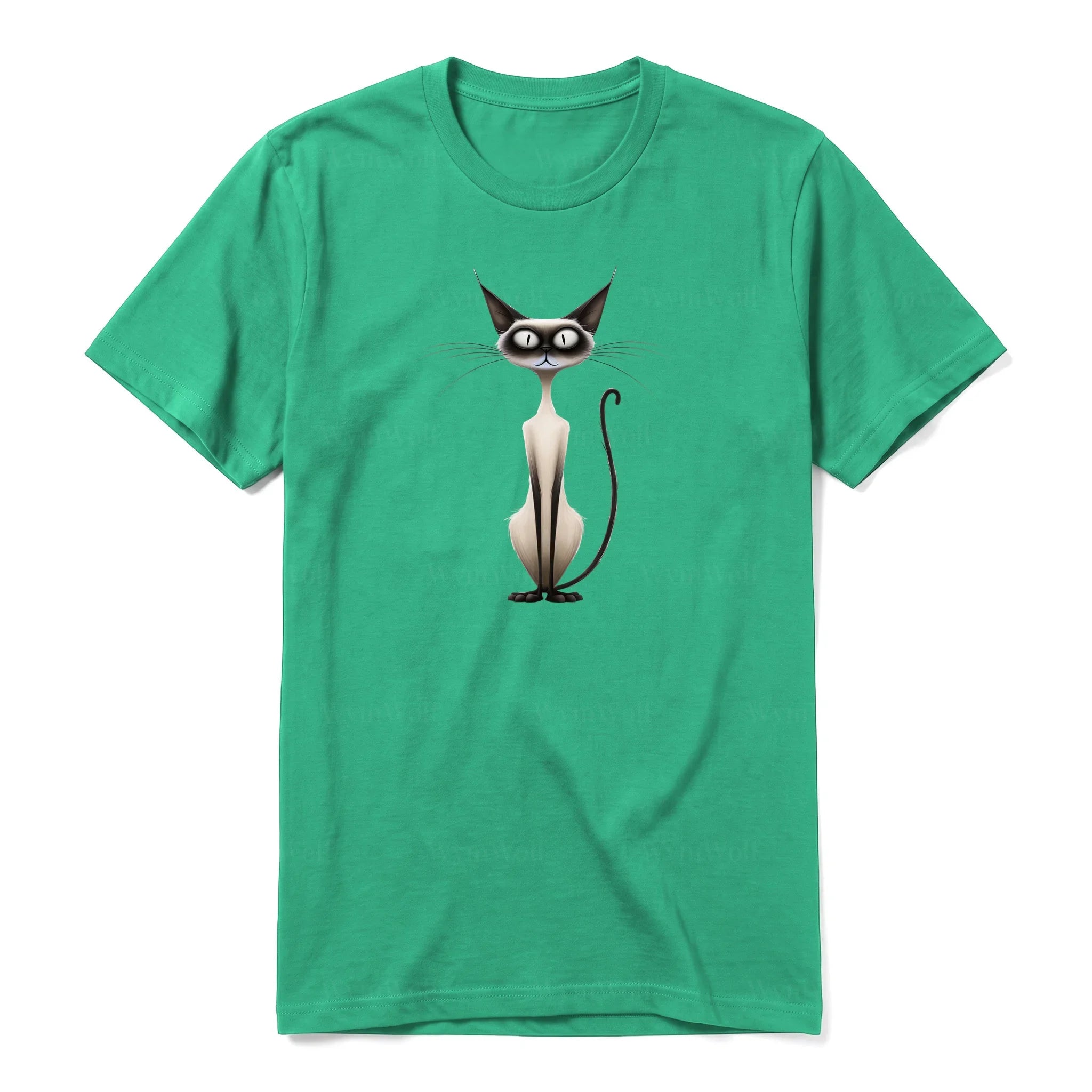 A kelly short-sleeve crewneck t-shirt for adult featuring a graphic of a cat on the front.