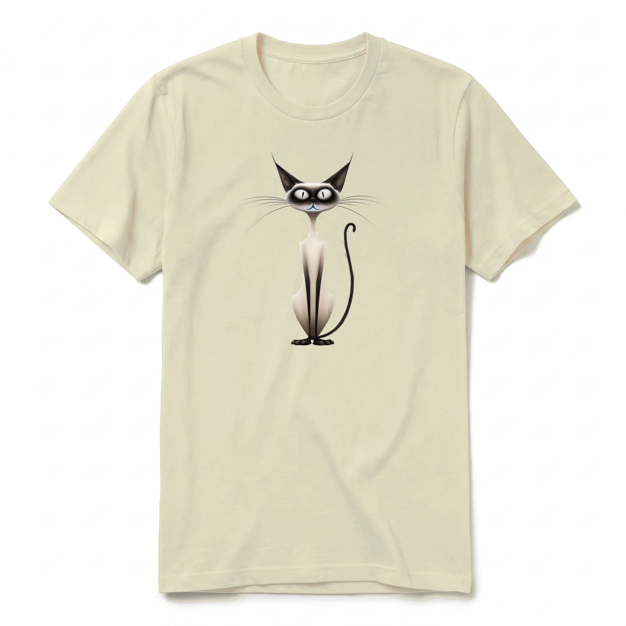 A latte short-sleeve crewneck t-shirt for adult featuring a graphic of a cat on the front.