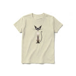 A latte short-sleeve crewneck t-shirt for youth featuring a graphic of a cat on the front.