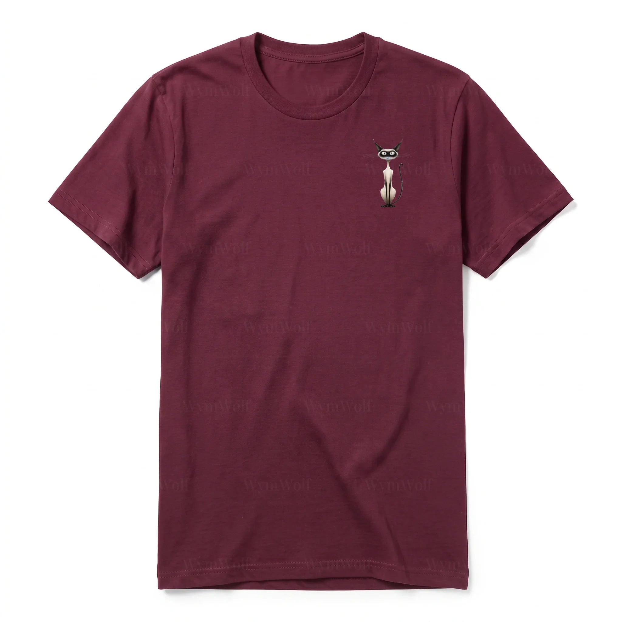 A maroon short-sleeve crewneck t-shirt for adult featuring a graphic of a cat on the left chest.