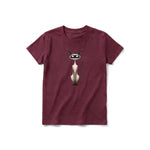 A maroon short-sleeve crewneck t-shirt for youth featuring a graphic of a cat on the front.