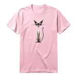 A pink short-sleeve crewneck t-shirt for adult featuring a graphic of a cat on the front.