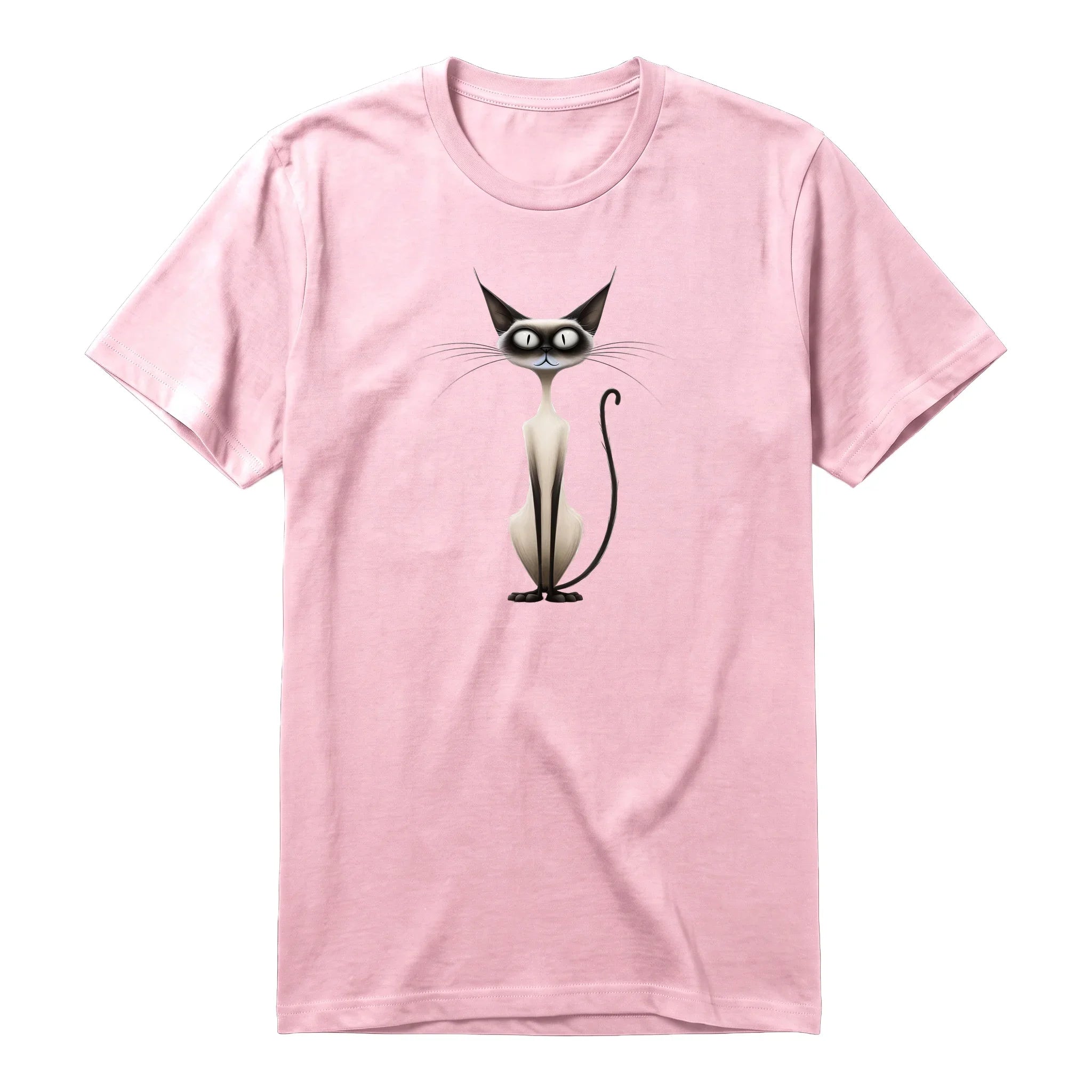 A pink short-sleeve crewneck t-shirt for adult featuring a graphic of a cat on the front.