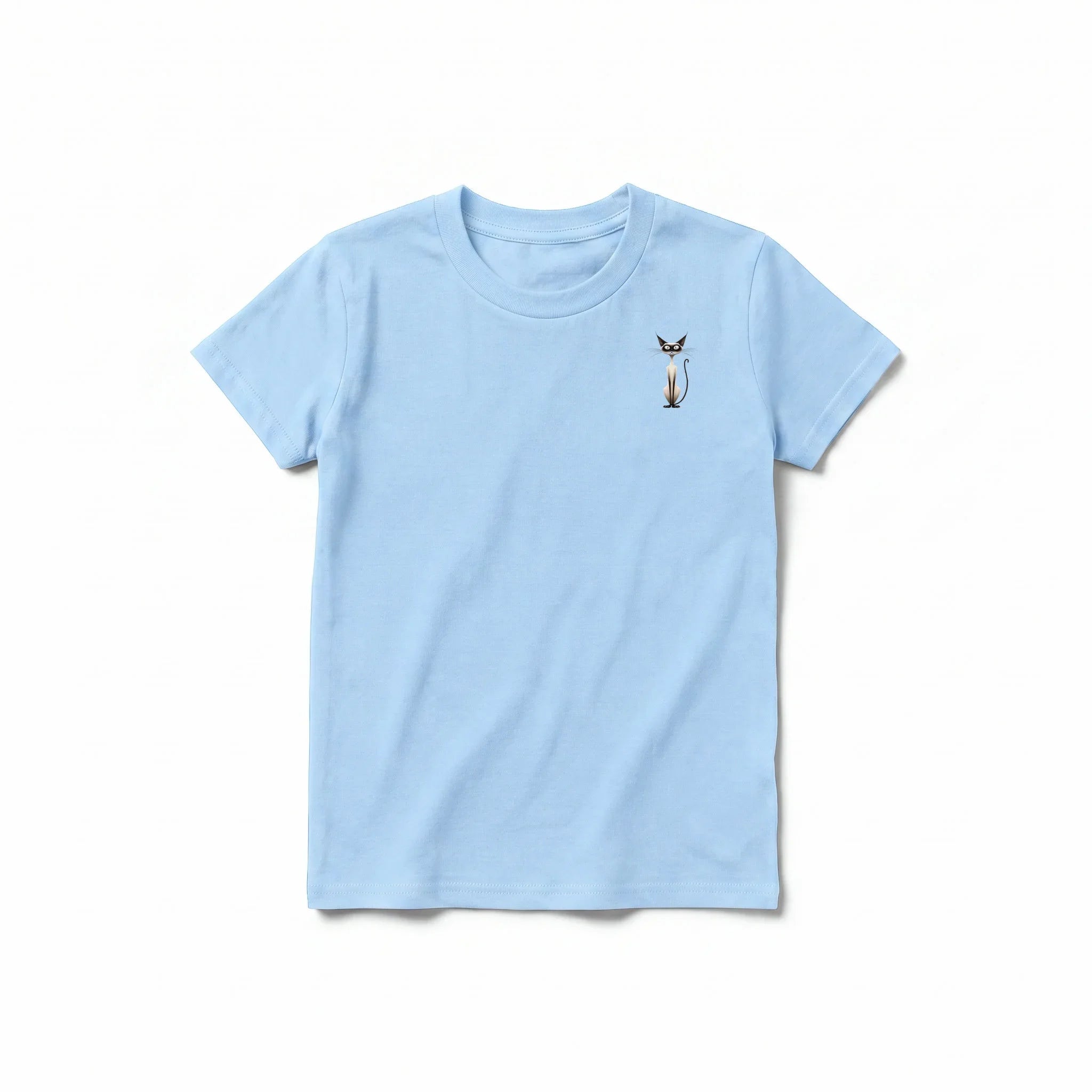 A powder short-sleeve crewneck t-shirt for youth featuring a graphic of a cat on the left chest.