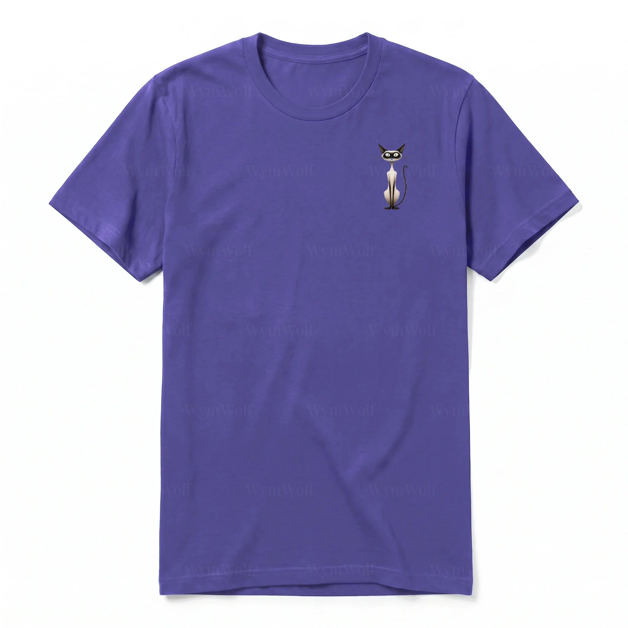 A purple short-sleeve crewneck t-shirt for adult featuring a graphic of a cat on the left chest.