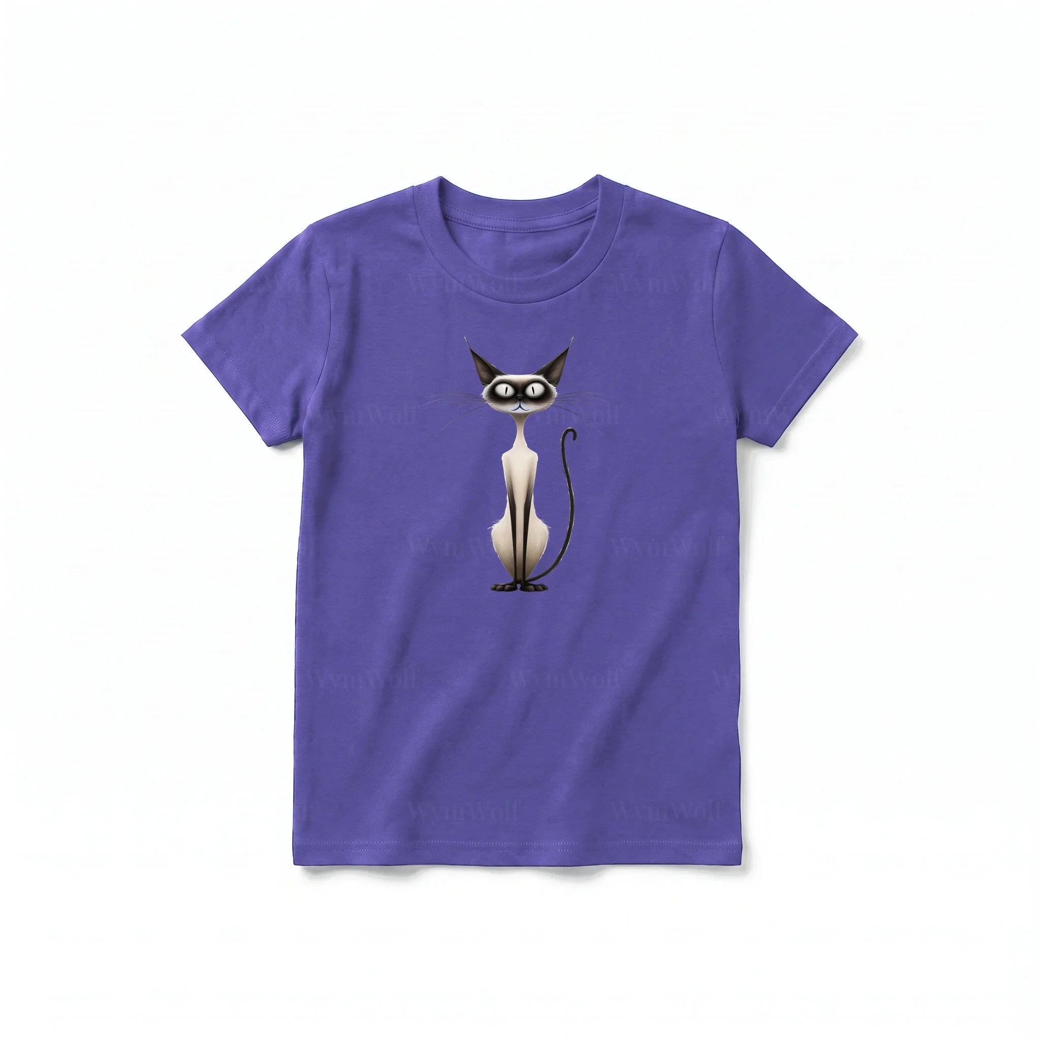 A purple short-sleeve crewneck t-shirt for youth featuring a graphic of a cat on the front.