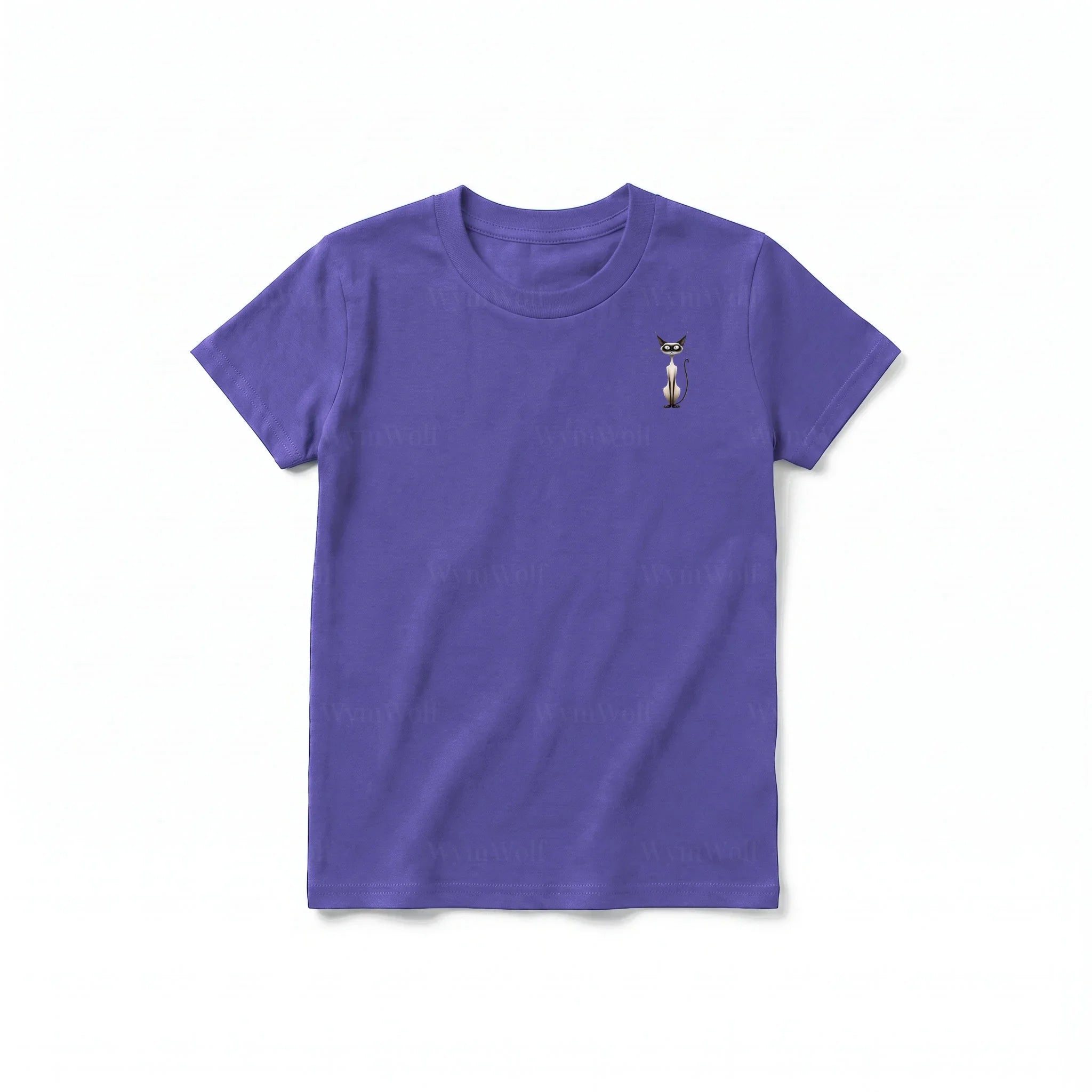 A purple short-sleeve crewneck t-shirt for youth featuring a graphic of a cat on the left chest.