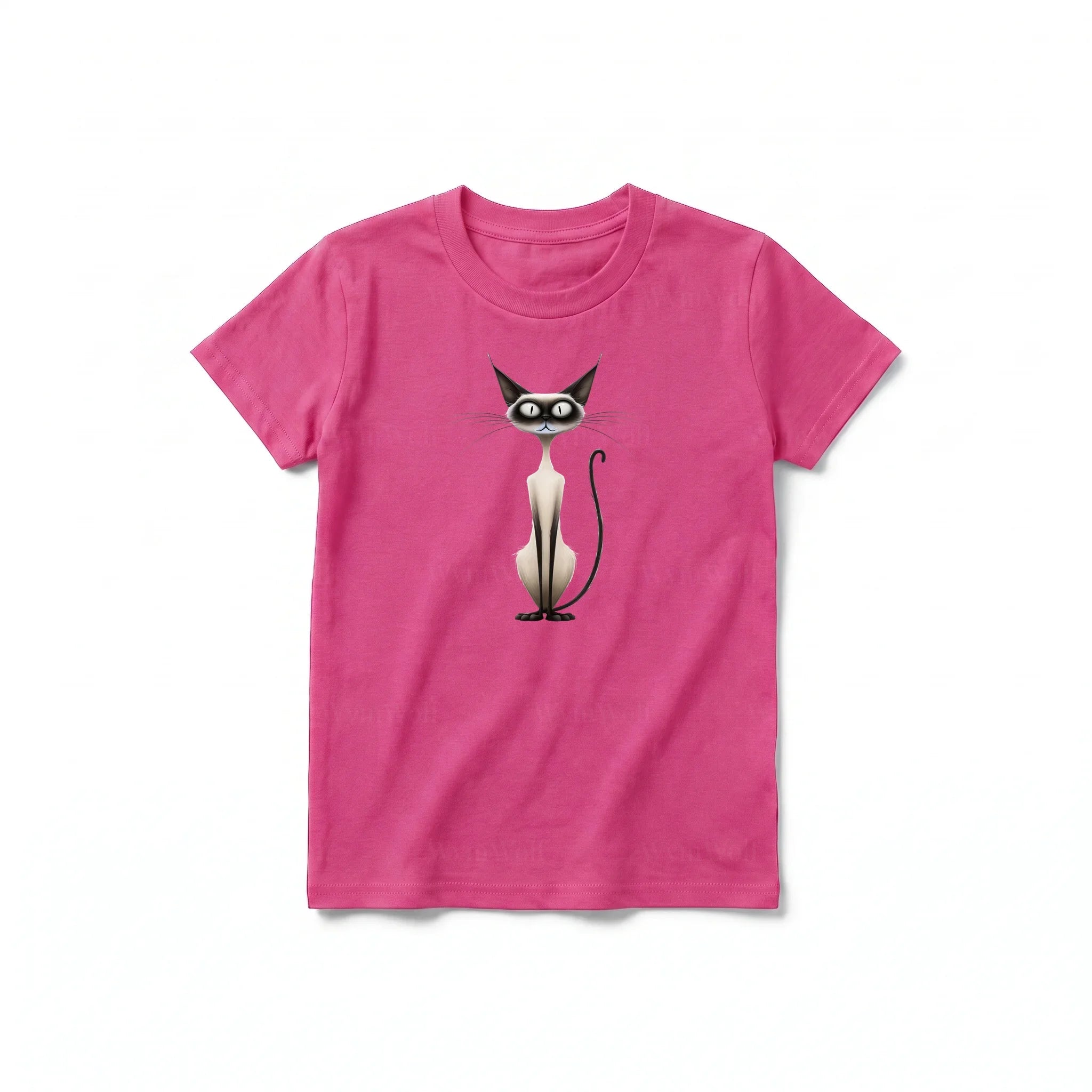 A raspberry short-sleeve crewneck t-shirt for youth featuring a graphic of a cat on the front.