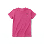 A raspberry short-sleeve crewneck t-shirt for youth featuring a graphic of a cat on the left chest.