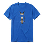 A royal short-sleeve crewneck t-shirt for adult featuring a graphic of a cat on the front.