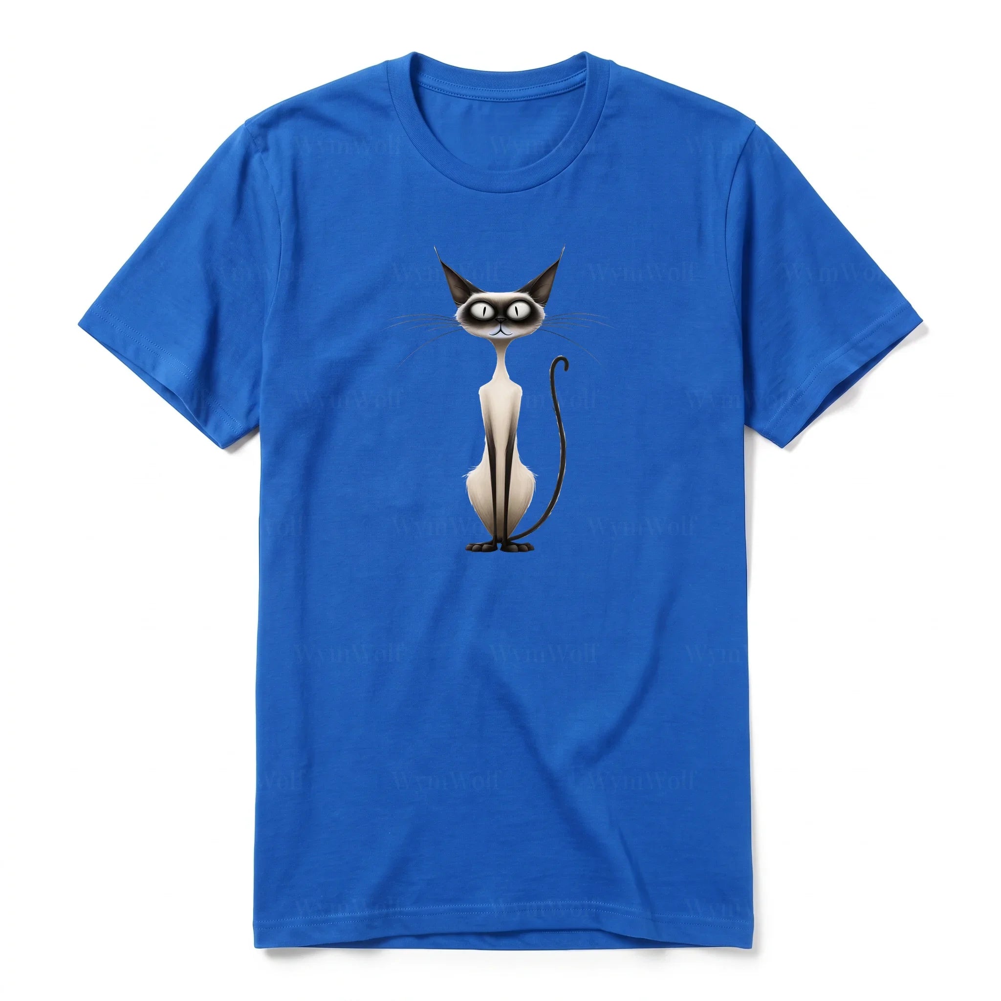 A royal short-sleeve crewneck t-shirt for adult featuring a graphic of a cat on the front.