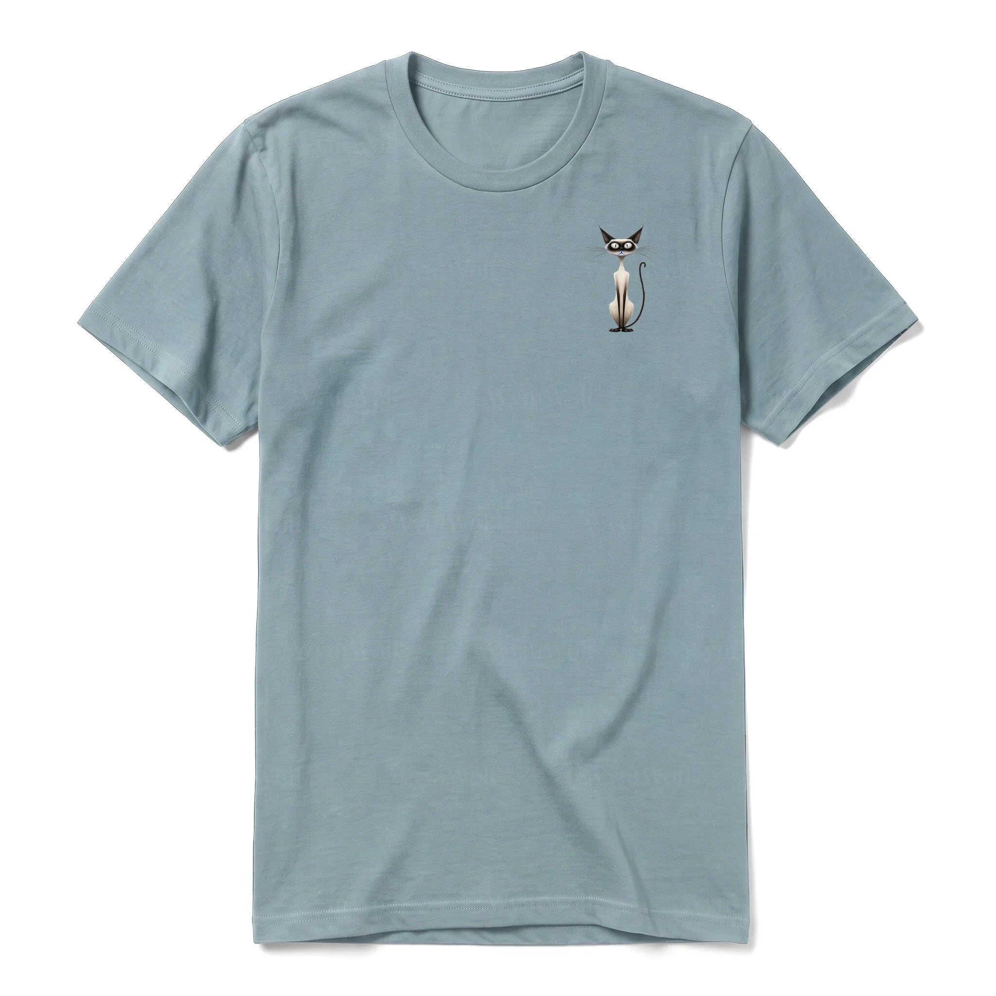 A sage short-sleeve crewneck t-shirt for adult featuring a graphic of a cat on the left chest.
