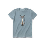 A sage short-sleeve crewneck t-shirt for youth featuring a graphic of a cat on the front.