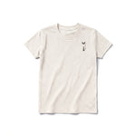 A vintage-white short-sleeve crewneck t-shirt for youth featuring a graphic of a cat on the left chest.