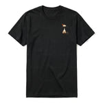 A black short-sleeve crewneck t-shirt for adult featuring a graphic of a cat on the left chest.