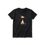 A black short-sleeve crewneck t-shirt for youth featuring a graphic of a cat on the front.