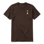 A chocolate short-sleeve crewneck t-shirt for adult featuring a graphic of a cat on the left chest.