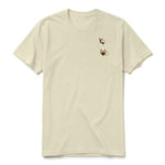 A latte short-sleeve crewneck t-shirt for adult featuring a graphic of a cat on the left chest.