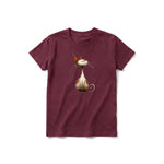 A maroon short-sleeve crewneck t-shirt for youth featuring a graphic of a cat on the front.