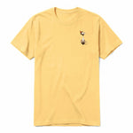 A mustard short-sleeve crewneck t-shirt for adult featuring a graphic of a cat on the left chest.