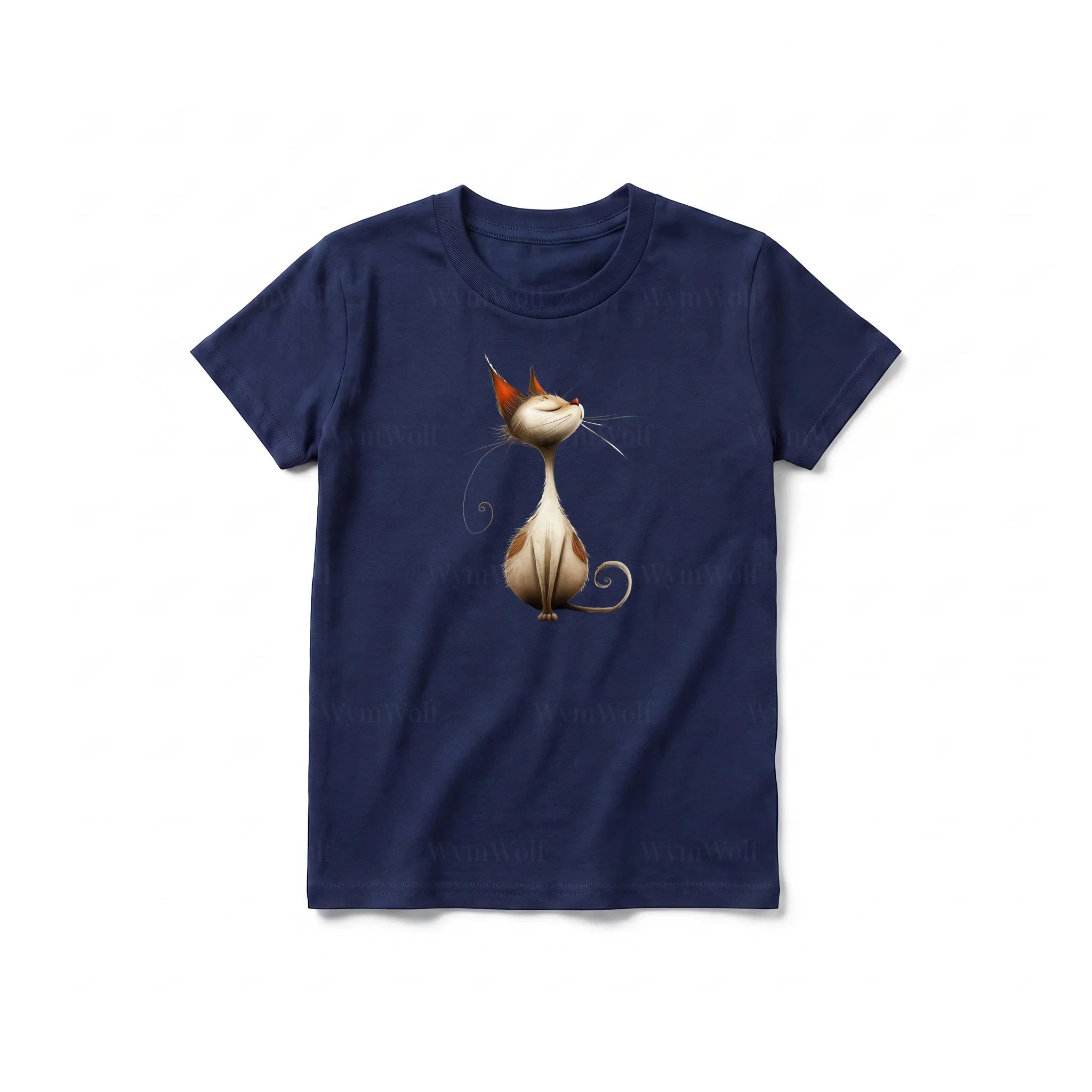 A navy short-sleeve crewneck t-shirt for youth featuring a graphic of a cat on the front.