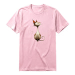 A pink short-sleeve crewneck t-shirt for adult featuring a graphic of a cat on the front.