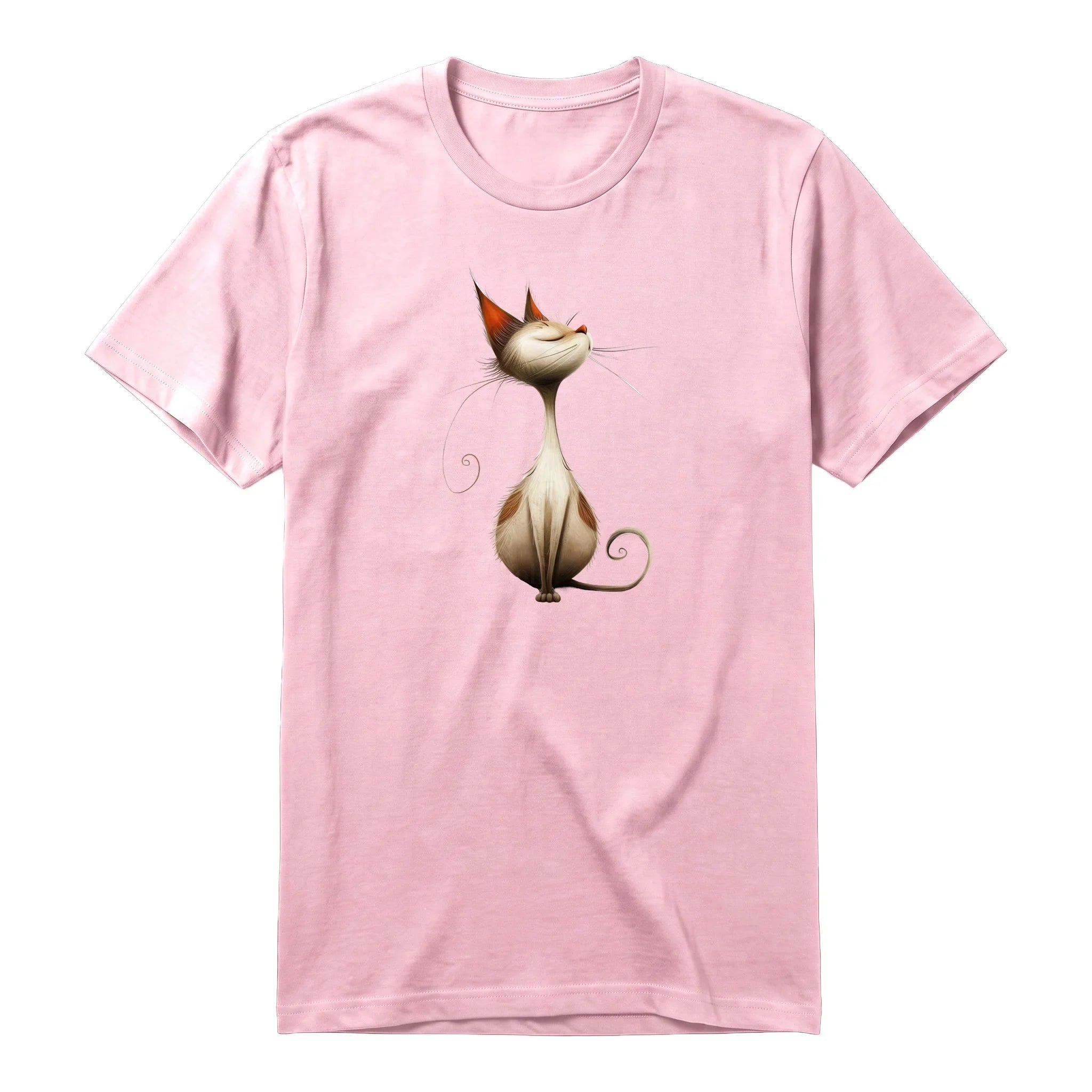 A pink short-sleeve crewneck t-shirt for adult featuring a graphic of a cat on the front.