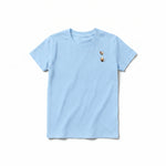 A powder short-sleeve crewneck t-shirt for youth featuring a graphic of a cat on the left chest.