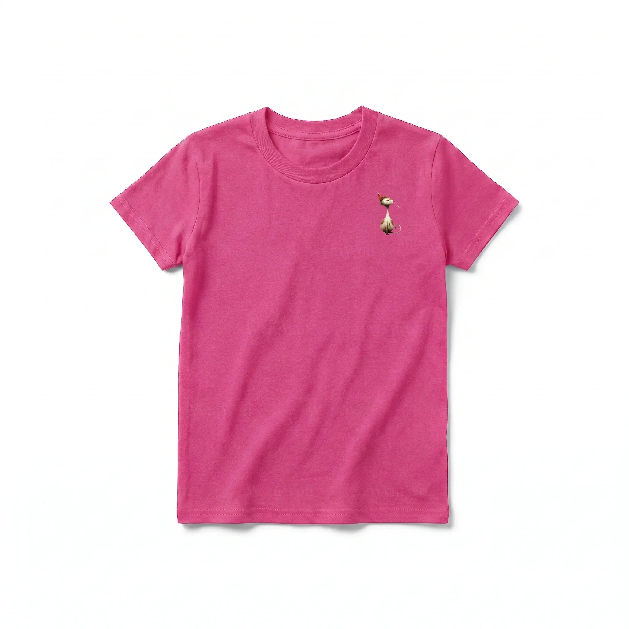 A raspberry short-sleeve crewneck t-shirt for youth featuring a graphic of a cat on the left chest.