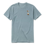 A sage short-sleeve crewneck t-shirt for adult featuring a graphic of a cat on the left chest.