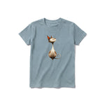 A sage short-sleeve crewneck t-shirt for youth featuring a graphic of a cat on the front.