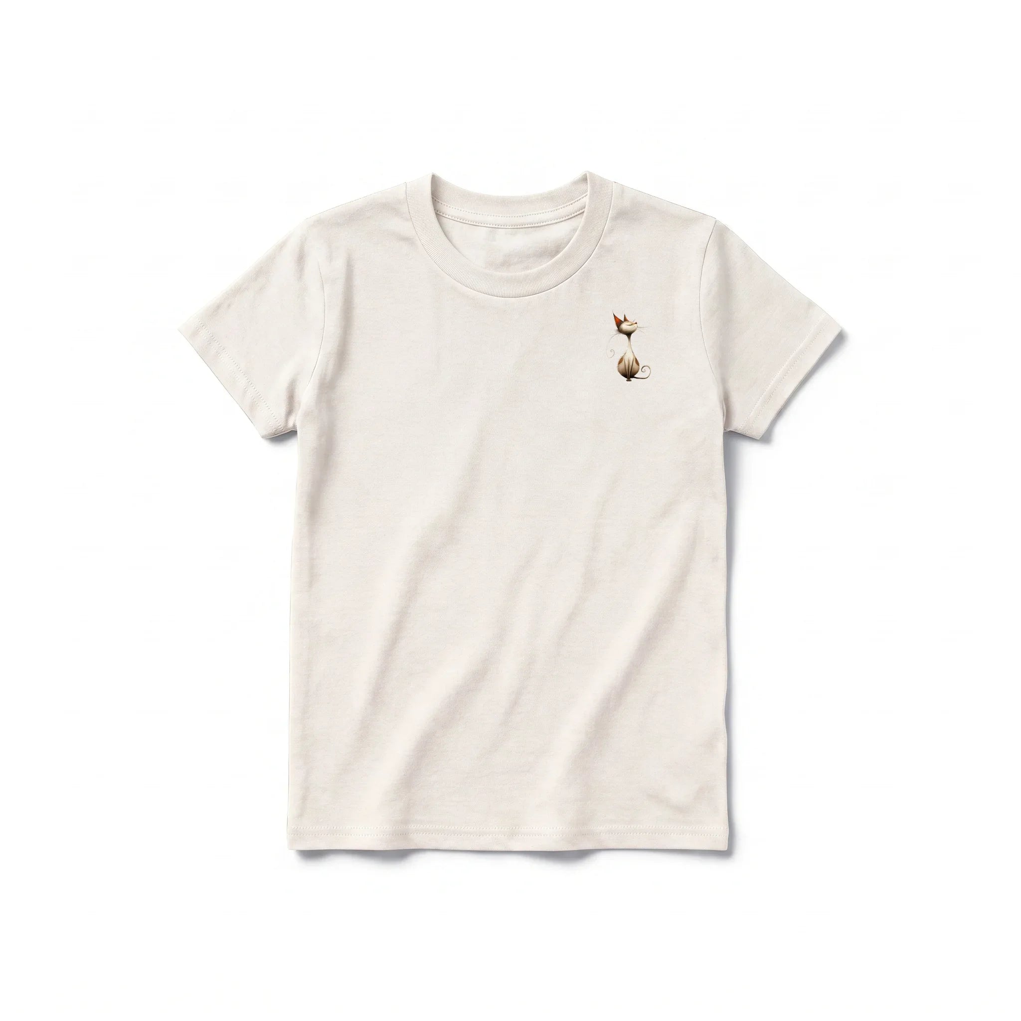 A vintage-white short-sleeve crewneck t-shirt for youth featuring a graphic of a cat on the left chest.