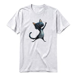 A ash grey short-sleeve crewneck t-shirt for adult featuring a graphic of a cat on the front.