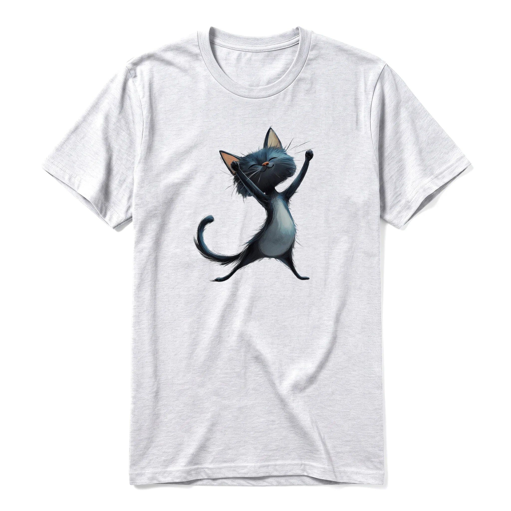 A ash grey short-sleeve crewneck t-shirt for adult featuring a graphic of a cat on the front.