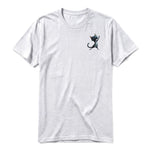A ash grey short-sleeve crewneck t-shirt for adult featuring a graphic of a cat on the left chest.