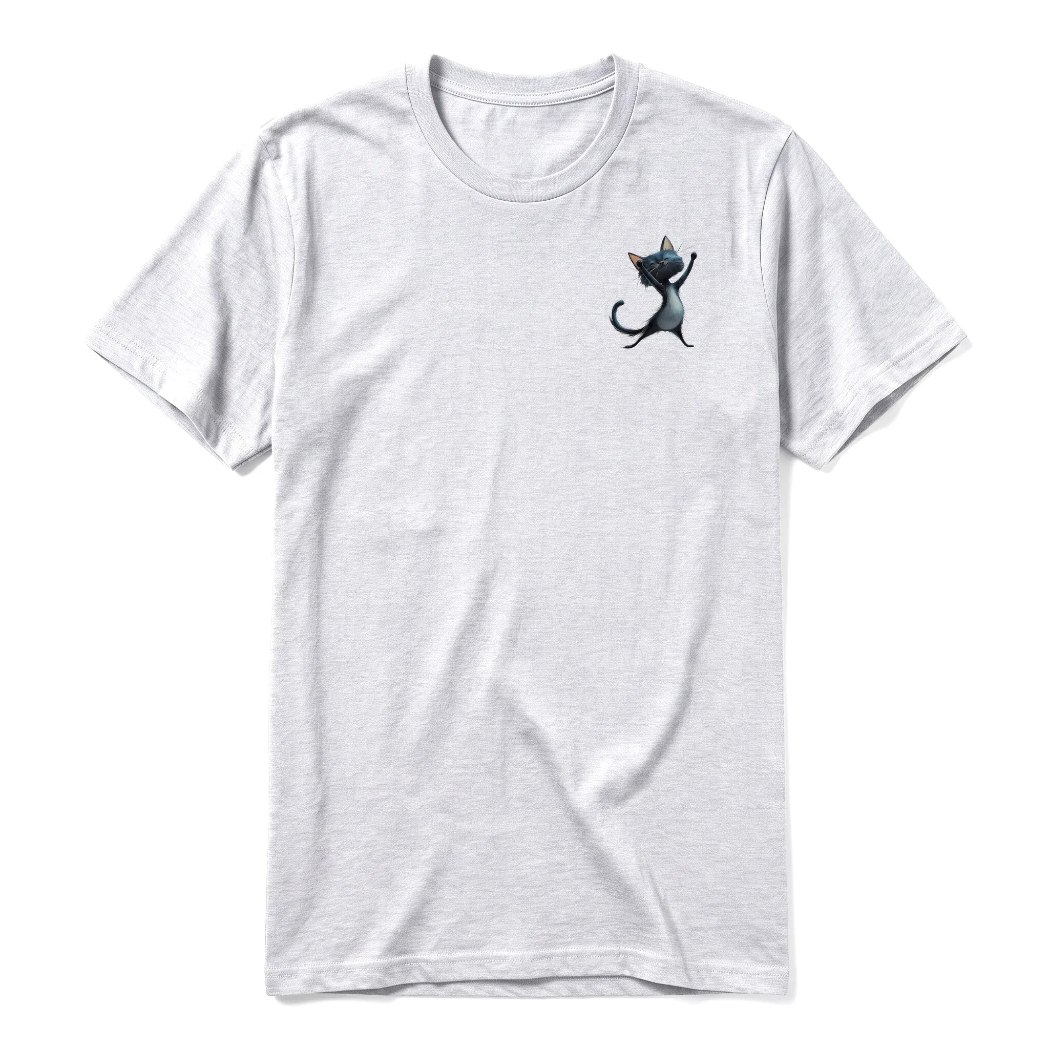 A ash grey short-sleeve crewneck t-shirt for adult featuring a graphic of a cat on the left chest.