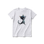 A ash grey short-sleeve crewneck t-shirt for youth featuring a graphic of a cat on the front.